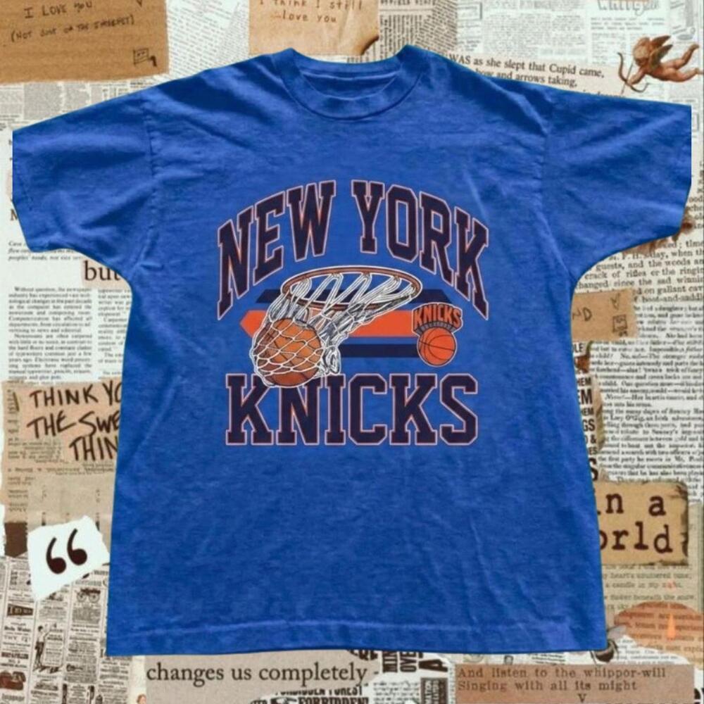 New York Knicks Blue T-Shirt With Basketball Going Through A Hoop Graphic